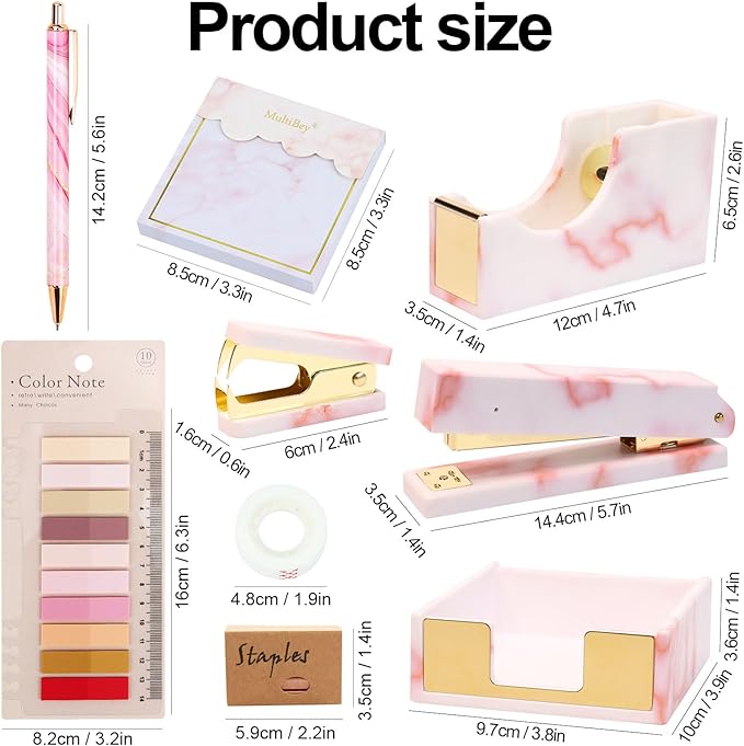 Pink Marble Desk Accessories Organizer Set of Stapler, Staple Remover, Tape Dispenser, Memo Pad Holder, Scissor, Ballpoint Pen, Binder Clips, Sticky Notes Office Supplies (Pink Marble)