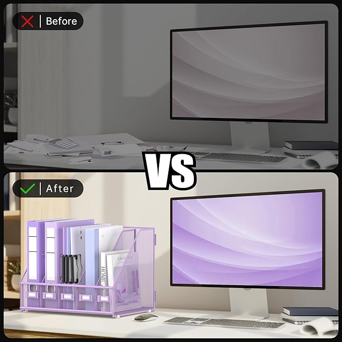 DALTACK Desk Organizers Metal Magazine File Holder with 5 Vertical Compartments Folder Storage Binder Organizer for Office Home School Organization, Purple Plus