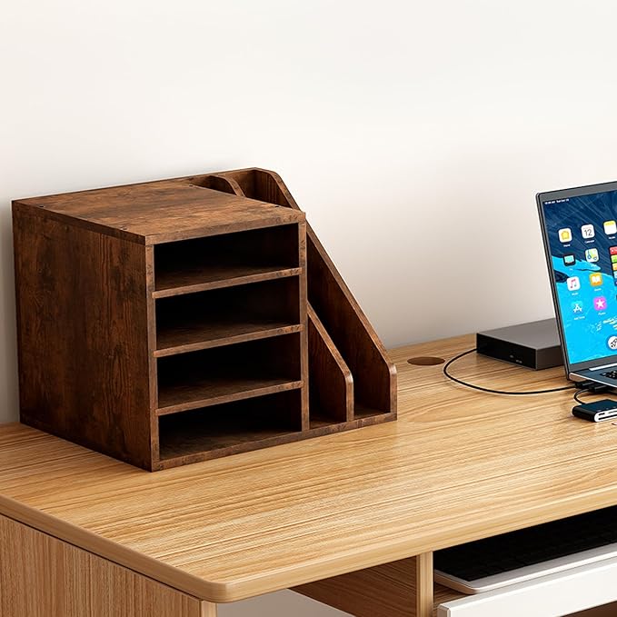 Wood Desk Organizer File Holder, Wooden Mail Organizer Countertop with Adjustable Compartments, Desktop File Organizer Paper Sorter for Home, Office and School, Envelope Organizer, Brown