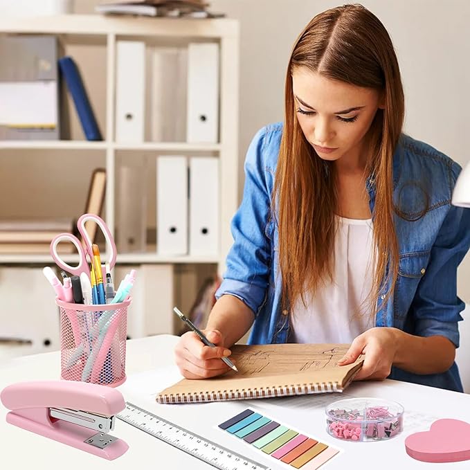 12pcs Pink Desk Accessories Office Supplies, Desk Organizers Set Stapler, Tape Dispenser Set, Staples, Clips, Scissor Gift for Students, Coworkers