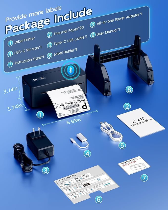 Bluetooth Thermal Label Printer with Label Holder, 4x6 Shipping Label Printer for Small Business, Compatible with iOS Android Phone&Pad&PC, Widely Used for Ebay, USPS, FedEx, Tiktok
