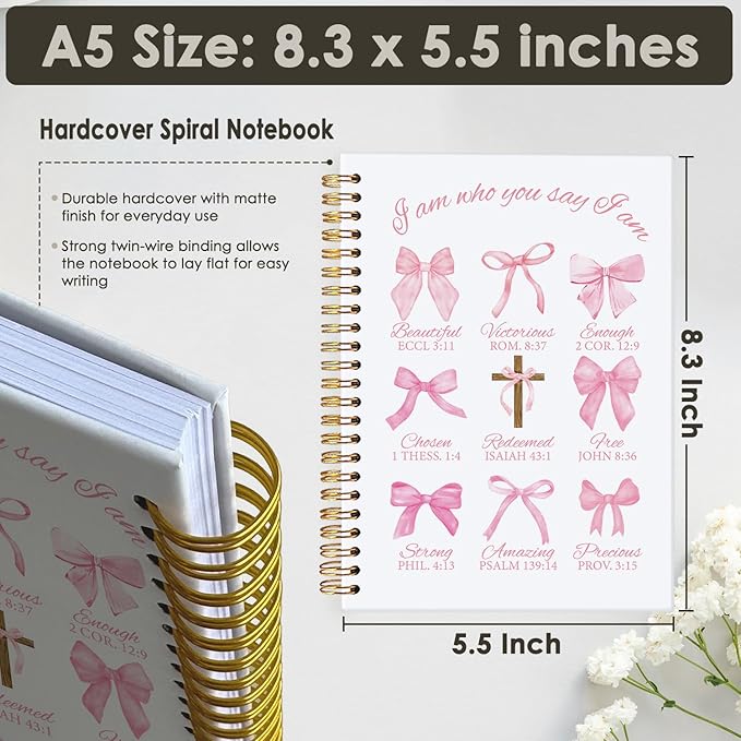 Bible Journal, Coquette Pink Bow Notebook Journals, Christian Gifts for Women, Coquette Office Supplies, Bible Notebooks for Note Taking,I am Beautiful Hardcover Spiral Notebook 5.5x8.3
