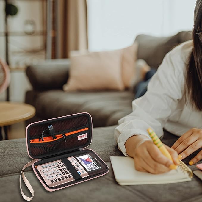 BOVKE Hard Calculator Case Compatible with Texas Instruments TI-84 Plus CE Color Graphing Calculator/TI-83 Plus CE, Extra Zipped Pocket for USB Cables, Charger, Manual and More, Rose Gold