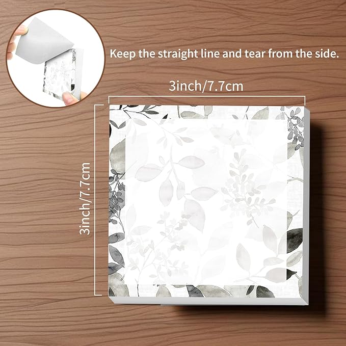 Sticky Notes, 2 Pads, 3x3 inches, Cute Colorful Fun Self-Stick Note Pads, Easy Post, Strong Adhesive Notepad Grey Leaf Pattern