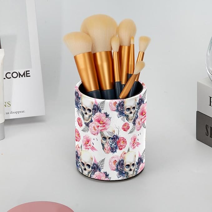 Pen Holder Cup Pencil Cup Holder for Office Watercolor Skull and Peonies Flowers Desk Organizer