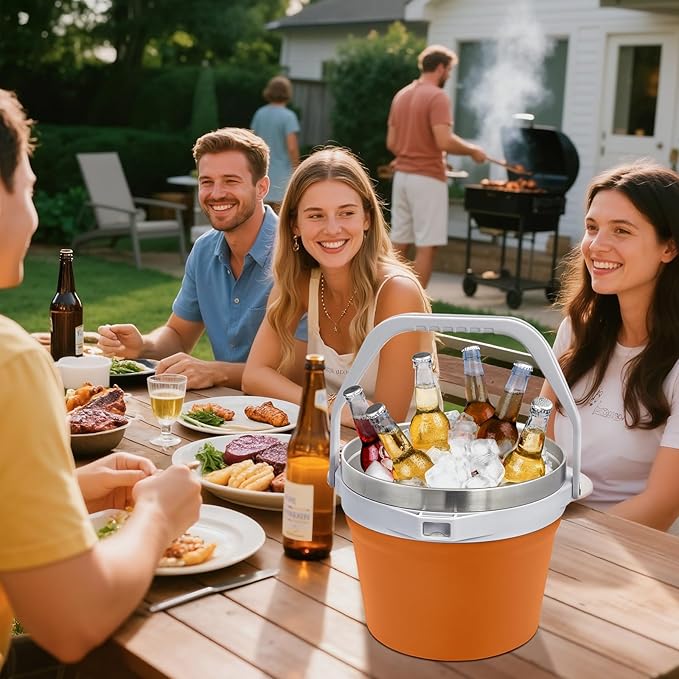 COKTIK 7L Insulated Ice Bucket with Lid,Double Wall Vacuum Stainless Steel Beverage Bucket Keeps Frozen Longer,Holds 6 Longnecks or 3 Bottles of Wine,for Cocktail, Champagne, Large Parties(Orange)