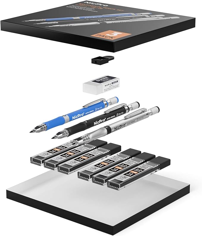 Nicpro 11 Pieces 2mm Mechanical Pencil Set, 3 PCS Carpenter Drafting Pencil 2.0 mm for Art Drawing Writing Sketching Construction with 6 Tube Pre-Sharpen HB & 2B Refill, Eraser, Sharpener