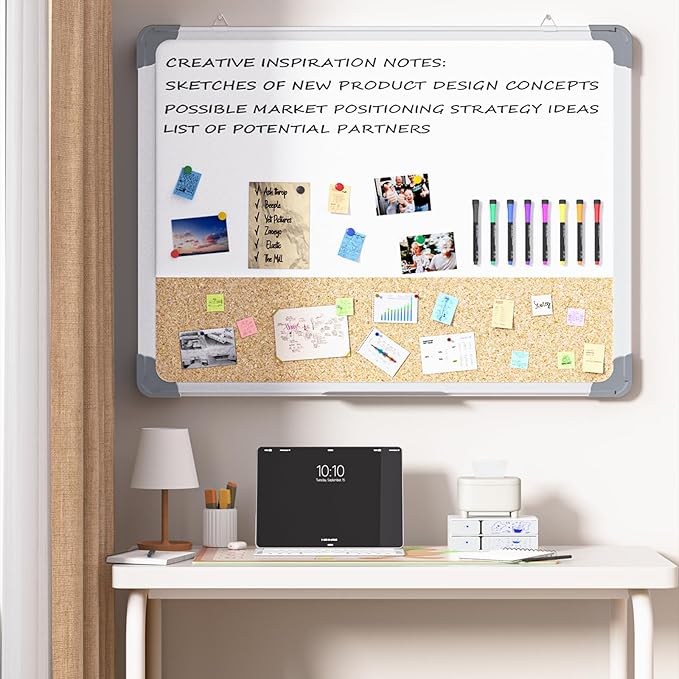 White Board Cork Board Combo, 24×18 inch for Office, Home, School, Vision Board, Pin Bulletin, Markers, Eraser, Magnets, Pins (Horizontal)