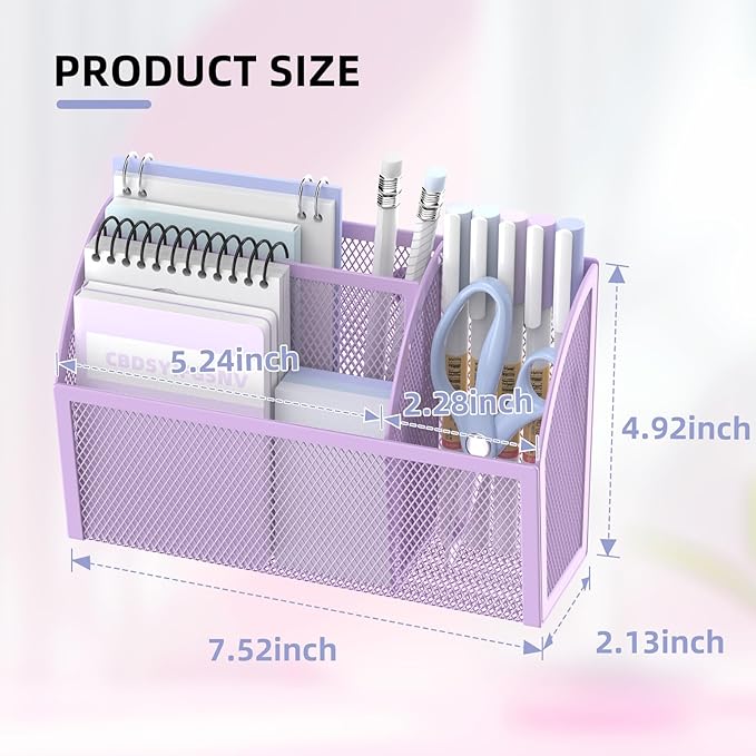 DALTACK Magnetic Pencil Holder - 3-Grid Mesh Shelf for Whiteboard, Refrigerator & Locker - Organizer for Home, School & Office, Purple