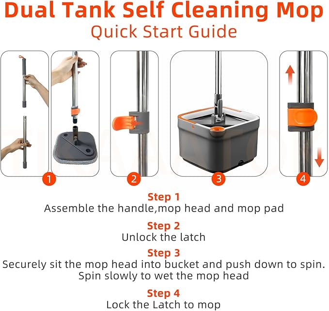 KZKR Spin Mop and Bucket Set with 4 Replaceable Microfiber Mop Pads with Self Separation Dirty and Clean Water System, Self Wringing 360° Rotating Square Mop Head for Hardwood Tile Marble Floors