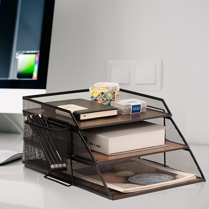 Vintage Wood & Metal Letter Tray, Stackable Desk Organizers Paper Tray, for File Magazines Mail Organizer, Vintage Wood Desk File Organizer with Pen Holder(3 Layer)