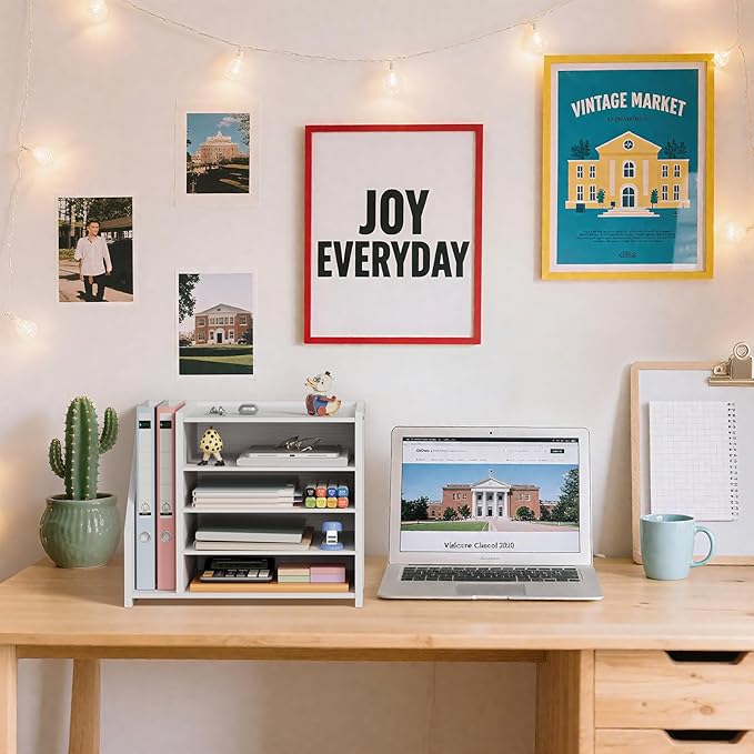 Wood Paper Tray Organizer for Desk - 5 Tier Desk Top File Storage Office Workspace Desktop Organization Stationary Small Wooden Shelf, White