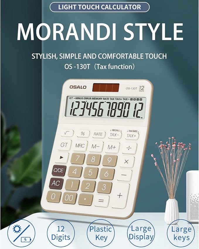 Desktop Calculator Large LCD Display 12 Digit Number Big Button Tax Financial Accounting Calculator, Battery and Solar Powered, for Desk Office Home Business Use(OS-130T Green)