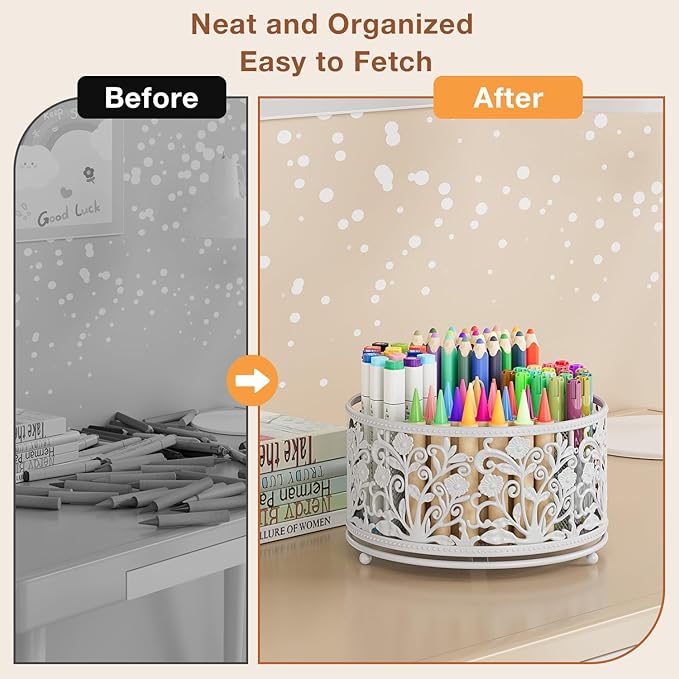 EKNITEY Rotating Mesh Desk Organizer - 4 Slots Cute Pen Pencil Holder Caddy for Office Art Supplies Home School Classroom White