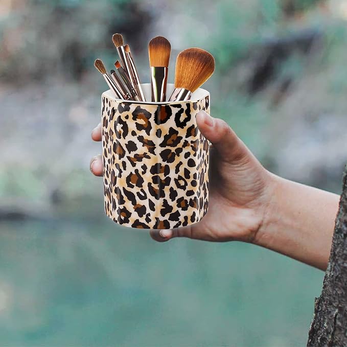 Jwest Pen Holder, Makeup Brush Holder Ceramic Shiny Gold Leopard Cheetah Pattern Animal Pencil Cup for Girls Women Durable Stand Desk Organizer Storage Gift for Office, Classroom, Home Light Brown