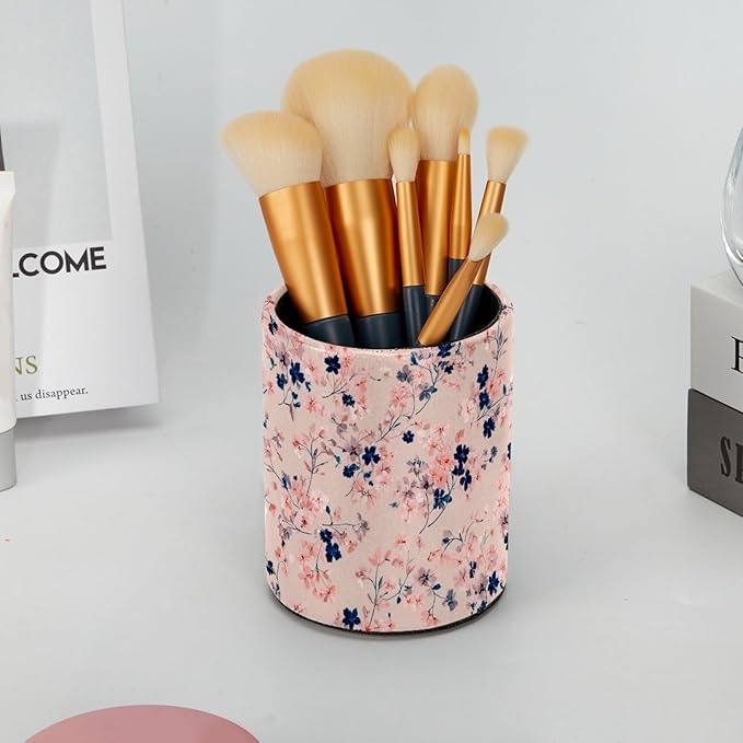 Leather Pen Holder for Desk Pink Floral Pencil Cup Desktop Organizer Makeup Brush Holders Office Supplies for Home, Kids & School