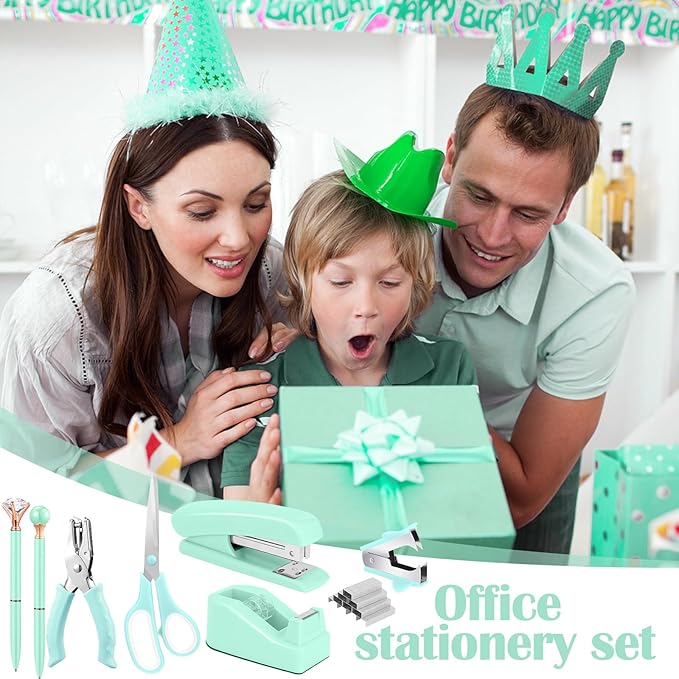 13 in 1 Green Office Supplies, Teal Desk Accessories Teal Office Supplies and Tape Dispenser, Hole Punch, Staple Remover, Stapler, 1000 Staple, Clip, Ruler, Scissor, Tab, Tape, Pen