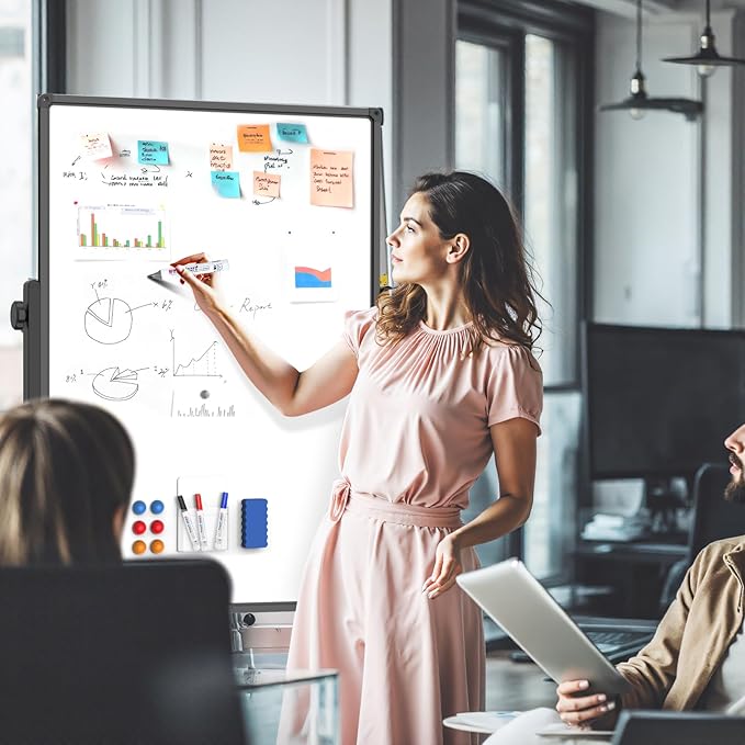 Double-Sided Whiteboard and Corkboard on Wheels, 48 x 32 Inch Magnetic Dry Erase Board with Adjustable Height Stand, Rolling Mobile Board for Office, Classroom, Presentation & Planning (Cork & Black)