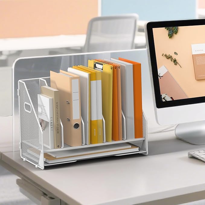 Desk File Folder Holder Organizer-5 Vertical Compartments Racks and Paper Letter Tray,Mesh Magazine File Holder Sorter,Desktop Accessories & Workspace Organizers for Home,Office,School-White