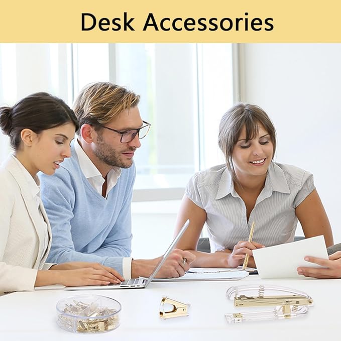 Office Supplies,Desk Accessories,with Stapler,Tape Dispenser,Staple Remover,Scissor,Ballpoint Pen,Clear Tape,Staples,Binder,Best Gift Set(Gold)