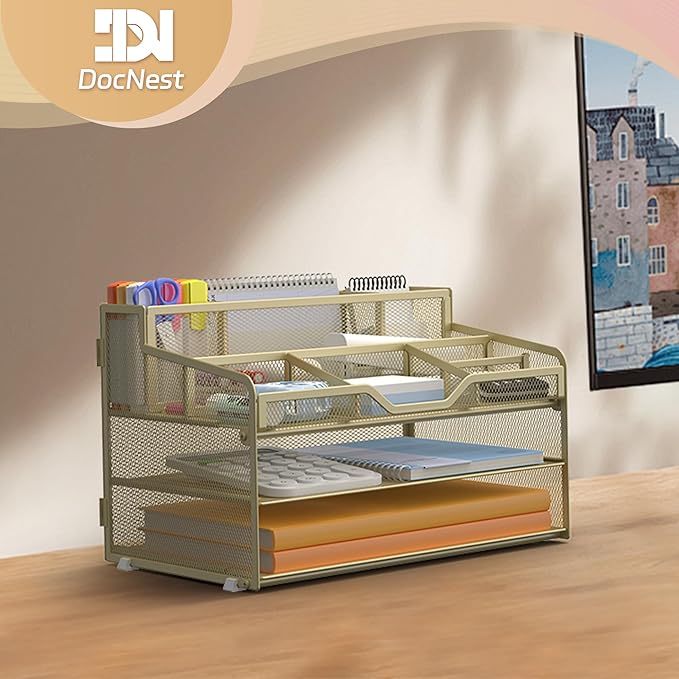 Docnest 3 Tier Mesh Desk Organizer for Paper Office Supplies – Multi-Functional Letter Tray with 5 Adjustable Compartments, 3 Pen Holders, Desktop Storage for Files, Mail, Stationery – Gold Yellow