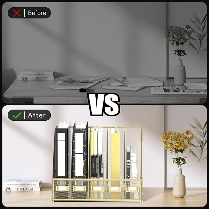 DALTACK Desk Organizers Metal Magazine File Holder with 5 Vertical Compartments Folder Storage Binder Organizer for Office Home School Organization, Golden Yellow, Plus