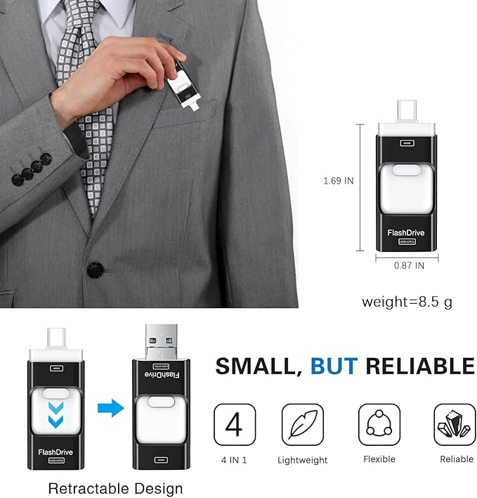 Flash Drive for iPhone 256GB, 4 in 1 USB Type C Memory Stick, Photo Stick External Storage Thumb Drive for iPhone iPad Android Computer, Dark Black