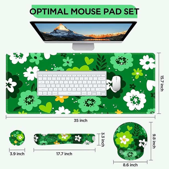 AIMSA Keyboard Mouse Pad Wrist Rest Set, Large Gaming Mouse Desk Pad with Wrist Support Ergonomic Design, 4 in 1 Mousepad for Home Office, Green Flowers