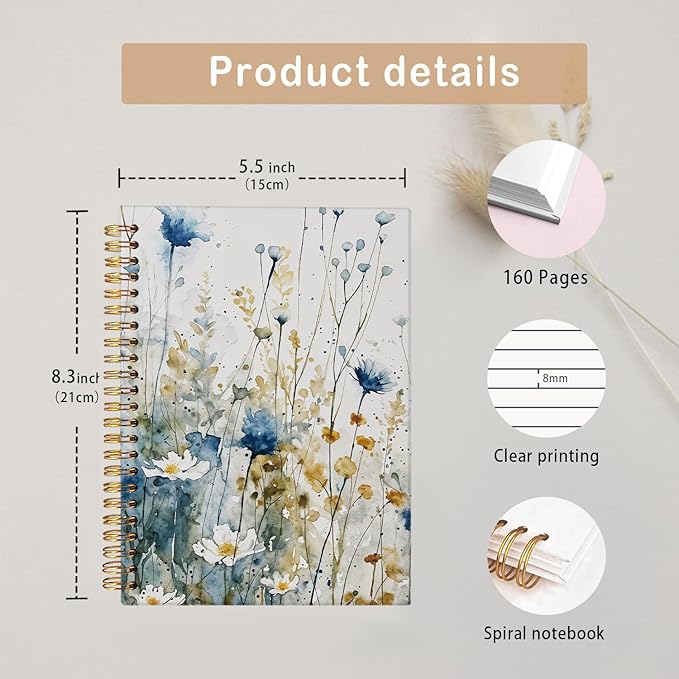 MOFUYU Vintage Wildflower Spiral Notebook,Floral Aesthetic Cottagecore School Supplies,Plant Hardcover Spiral Notebook,Notebook Journal for Work Office School Woman Teacher 5.5x8.3 Inch
