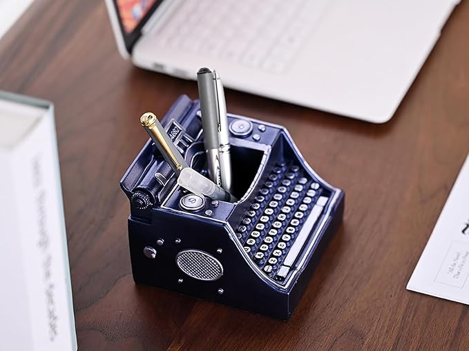 Retro Typewriter Pen Holder Vintage Desk Accssories Unique Cool Gifts for Writer Typewriter Lovers and Secretary Cute Funny Pencil Cups for Office Home School (Blue)