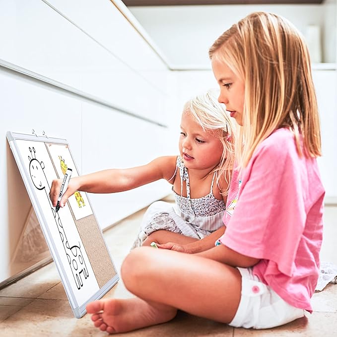 Magnetic White Board and Cork Board Combo, 24 X 18 inches Whiteboard Bulletin Combination Board, Wall Mounted Dry Erase Message Board for Home, School and Office