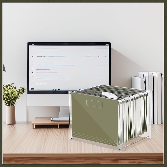 24 Hanging File Folder with Acrylic Organizer for Letter/a4 Size Desktop Clear File Storage Box with Handles for Home Work Office Use (Green,Classic)