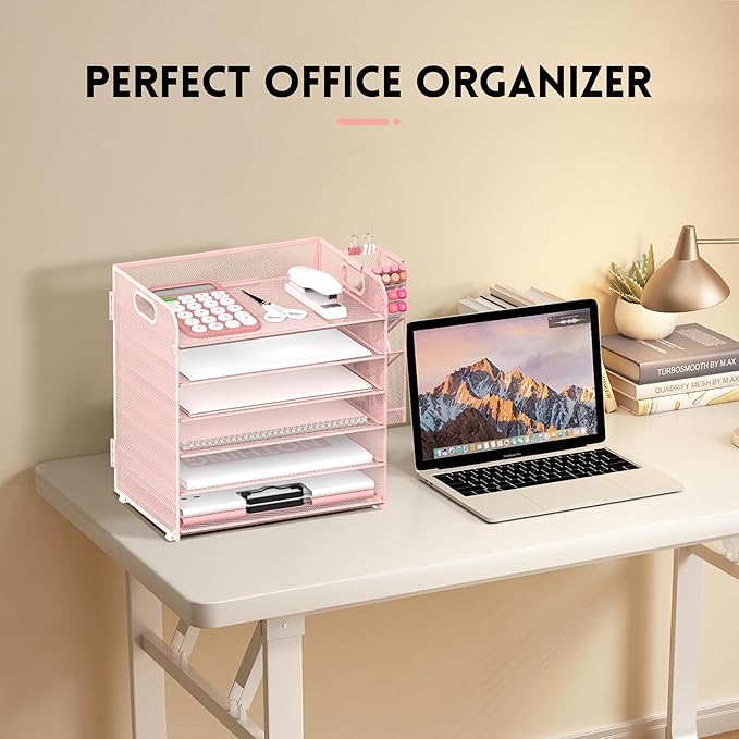 SUPEASY 6 Tier Desk Organizer with 4 Pen Holders, Mesh Paper Organizer Letter Tray with Handle, Desk Organizer Tray File Organizer for A4 File Folder, Rose Pink