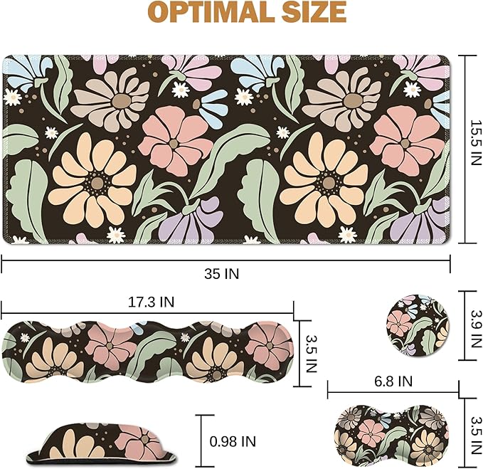 ARTSO Keyboard Wrist Rest Large Mouse Pad Wrist Support,Black Floral 4in1 Keyboard Pad Desk Mat,Ergonomic Memory Foam Wrist Support Cushion for Home Office