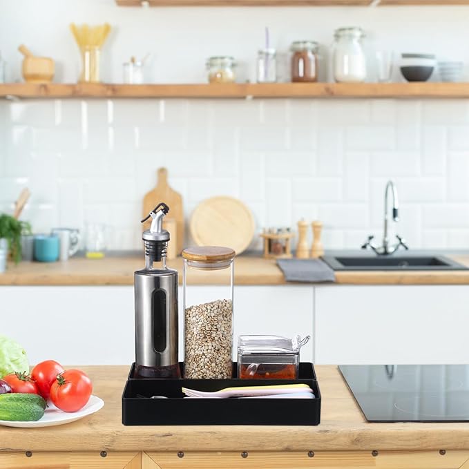 Teling 2 Pcs 4 Piece Large Black Rectangular Desk Organizer Set, Half Accessory Tray, Plastic Tabletop Organizer for Office, Home, or Study, Dimensions: 9.45 x 2.95 x 1.38 Inches