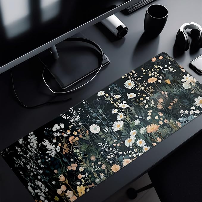 Flower Mouse Pad Abstract Black Mouse Pad 31.5x11.8 Inch Floral Texture Non-Slip Rubber Base Large Weeds Mousepad Stitched Edges Keyboard Mouse Mat Desk Pad for Office and Home