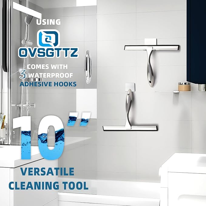 OVSGTTZ Shower Squeegee for Glass Door with 3 Adhesive Hook, Stainless Steel Glass Cleaning Squeegee for Bathroom & Household Window, Mirrors, Tiles and Car, 10 Inches, Clear, Silver
