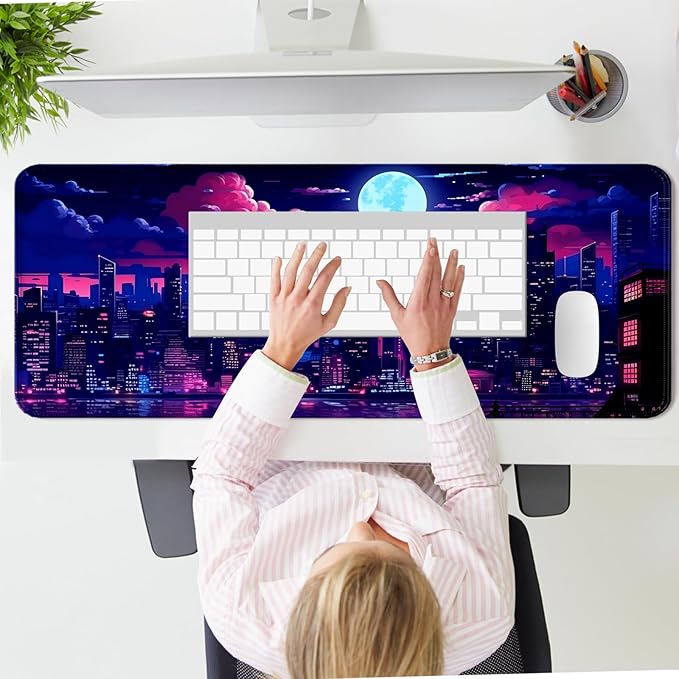 Purple City Night View Gaming Desk Mat, Extended Large Fantasy Anime Aesthetic Mouse Pad, Computer Keyboard Laptop Mousepad for Work, Office and Home, XL