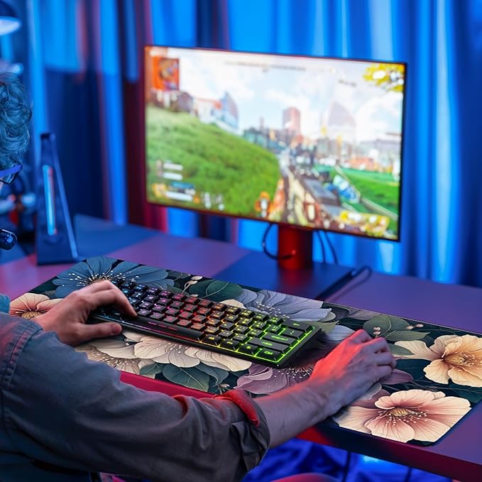BlueFloral Gaming Mouse Pad, Large Computer Keyboard Mousepad, Flower Mouse Mat Big with Non-Slip Base and Stitched Edges, Birthday Gifts for Women Men, Long Desk Mat for Home Office 11.8”x 31.4” XL