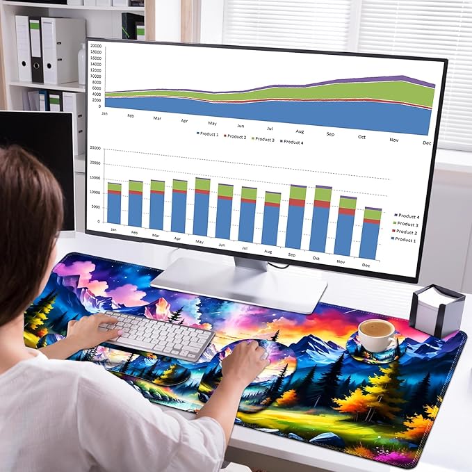 4 in 1 Large Mouse Pad, Keyboard Wrist Rest Set, Ergonomic Mouse Pad with Wrist Support, Desk Mat with Stitched Edges Extended Desk Pad Waterproof Desk Mat for Home Office Game I Landscaping Mountain