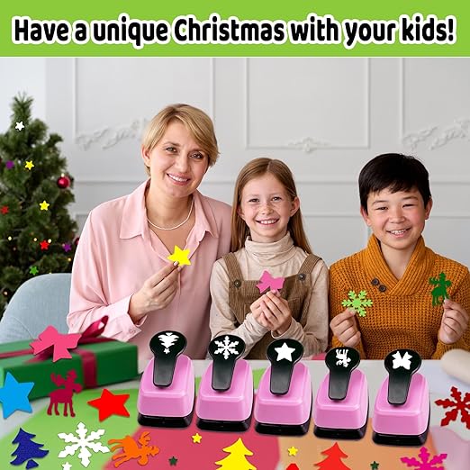 Christmas Hole Punch Set, 5 Pcs Different Shape Hole Punches for Paper Craft, 1 Inch Christmas Snowflakes/Tree/Bow Tie/Moose/Star Puncher for Scrapbook, Gifts, Festival Cards, Decorations, DIY Arts