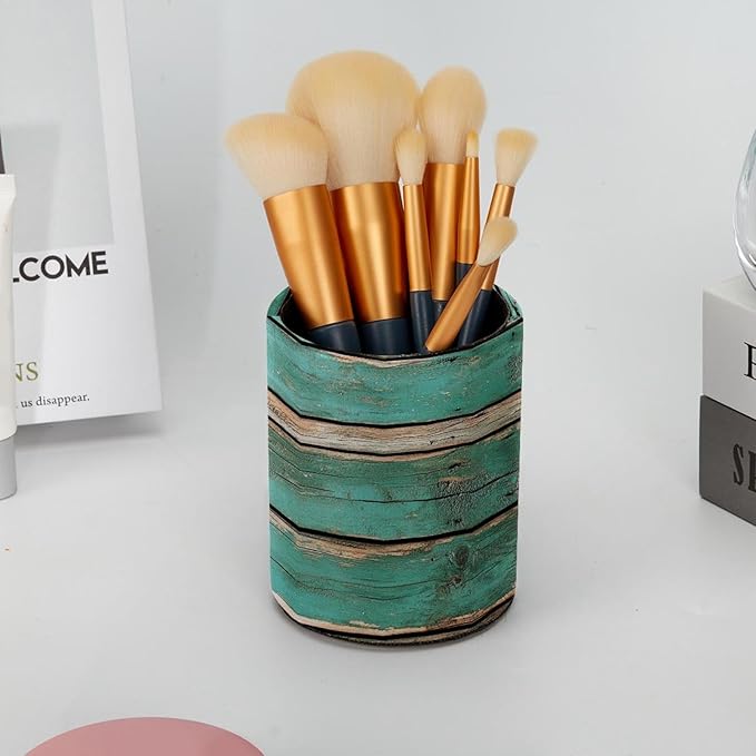 Rustic Distressed Teal Green Barn Wood P (2) Pencil/Pen Holder for desk, Round Desktop Organizer for Desk Multi Purpose Use for Home School Office Supplies