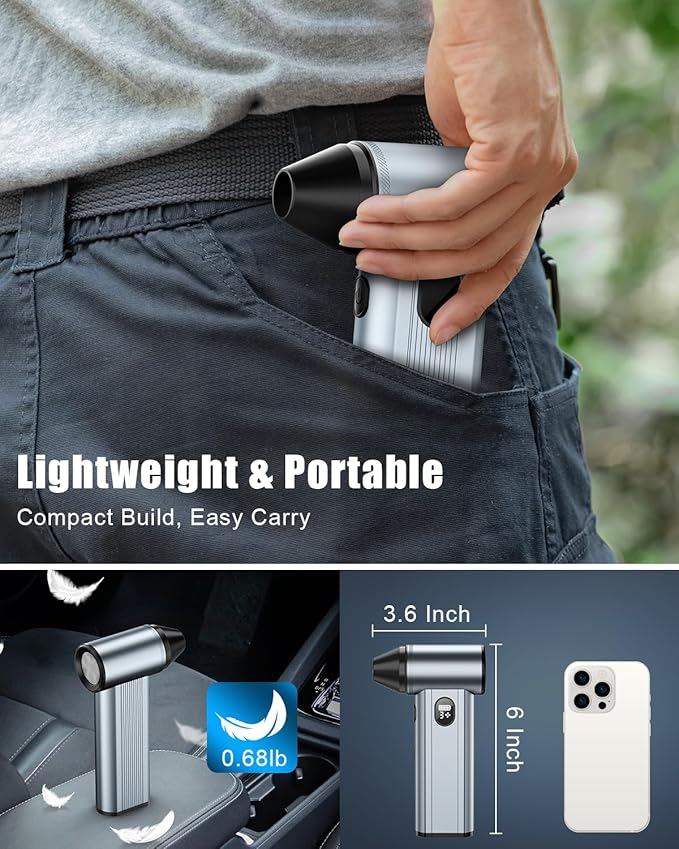 Compressed Air Duster with150,000RPM Brushless Motor, 8000mAh Battery, LED Light, 4-Gear Adjustable Electric Air Blower for Home, Car, Computer, Outdoor, Camera Len