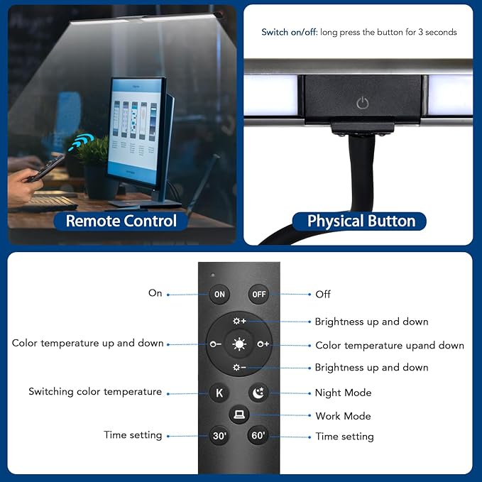 LED Desk Lamp for Office Home, Eye-Caring Desk Light with Stepless Dimming