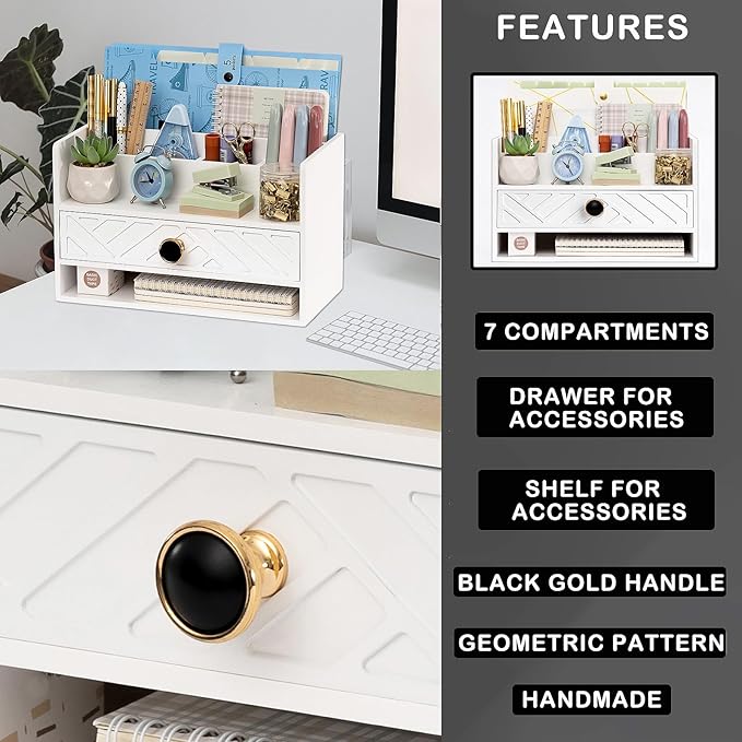 white Wood Desk Organizer and Accessories with Drawer, Bill Mail Organizer and File Mail Holder for Office Supplies, Desk Accessories & Workspace Organizers for Desk Organization