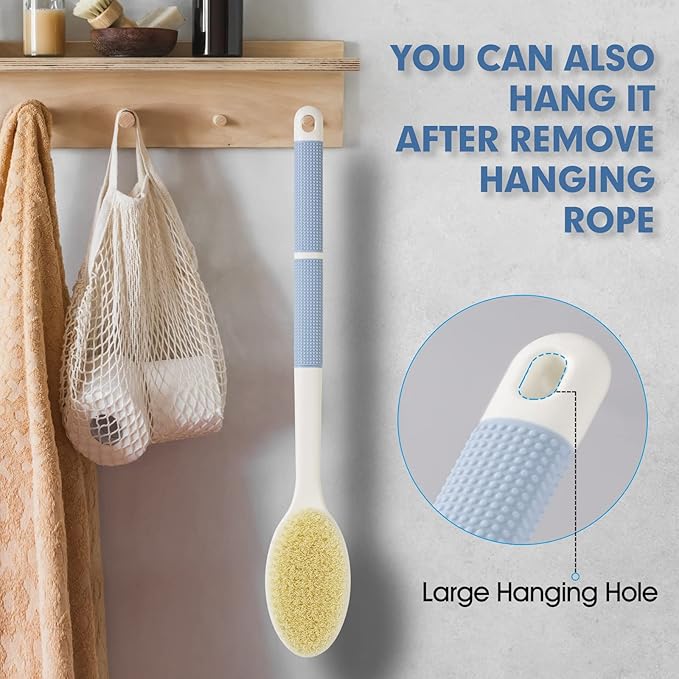 Back Scrubber Anti Slip for Shower,Shower Brush Long Handle with Stiff and Soft Bristles,Body Exfoliator for Bath or Dry Brush(Blue)