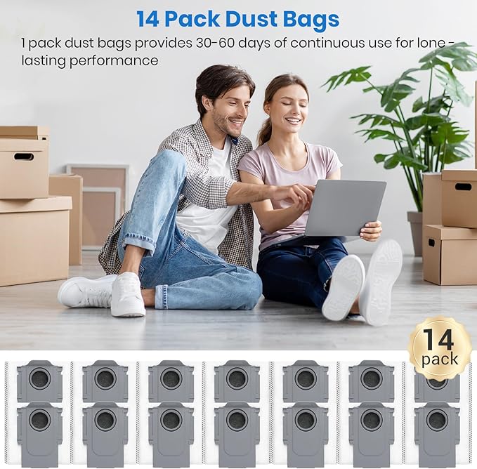 Bluearks 14Pcs Compatible with Roborock Qrevo Series/S8 MaxV Ultra/Saros 10R/QV35A Robot Vacuum,3.2 Liter Large Capacity Activated Carbon Adsorptio Bags,Four-Layer Sealed Disposable dust bag,9 Week
