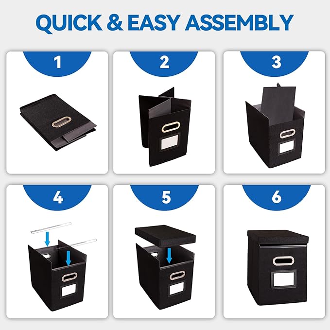 4 Pack Hanging File Folders Organizer with Lid, Letter Size Fabric File Storage Box Collapsible, Portable Office Document Holder with Metal Handle, Smooth PVC Rails, Black