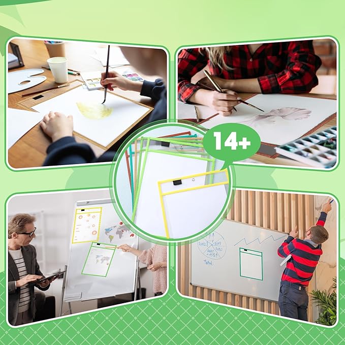 24 Pack Dry Erase Pocket Reusable Sleeves 10" x 14" Clear Plastic Sheet Protectors with Dry Erase Markers and Mini Sleeves Paper Teacher Supplies(Rainforest Green)