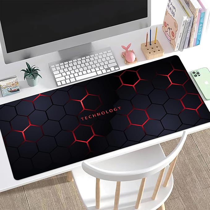 Desk Pad, Black and Red Honeycomb Hexagons Technology XXL Gaming Mouse Pad with Stitched Edges,Non-Slip Waterproof Rubber Base Large Desk Mat for Keyboard and Mouse 35.4"x15.7"